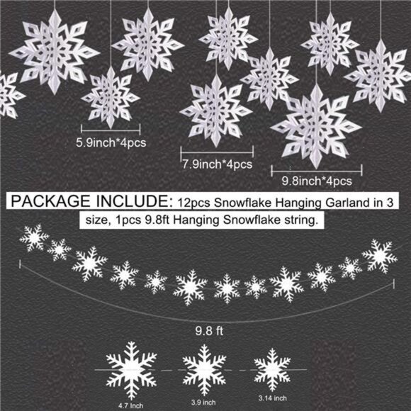 24PCS Winter Snowflake Decorations - 12PCS Garland & 12PCS - Picture 3 of 7
